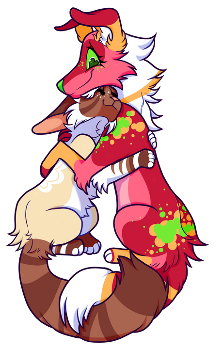 A digital full-body drawing of a Birman cat and a borzoi/fox. The two are sitting on their haunches and hugging each other. The cat is smaller and is nuzzling up under the borzoi/fox's chin. One of the cat's paws is wrapped around the borzoi/fox's shoulder