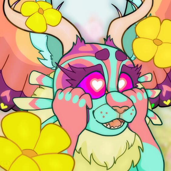 A digital icon drawing of a redesign of Fecto Elfilis from the Kirby franchise. The character has its hands curled up to its face and is smiling, love-struck, with its bottom teeth showing. There are three golden flowers in the foreground of the drawing.