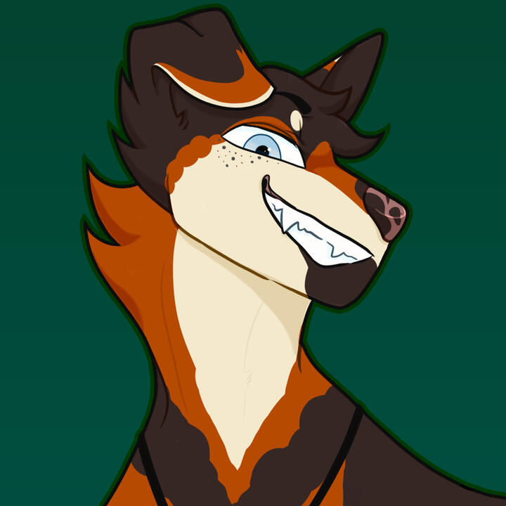 A digital icon drawing of a dog with pale blue eyes and mottled cream, burnt orange, and black markings. The dog has its head tilted slightly back and is wearing a toothy grin.