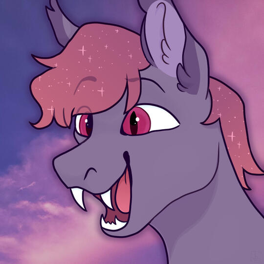 A digital icon drawing of a purplish-gray bat pony with a sparkly pale violet-red gradient mane, purplish-red eyes, and tufted ears, against a purple cloudy sky background. The bat pony is smiling excitedly.